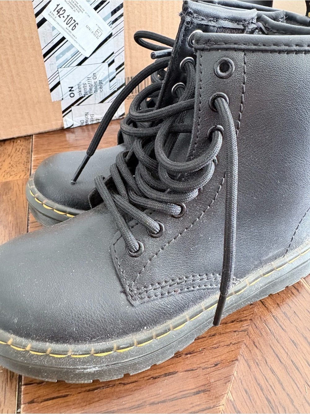 Dr. Martens Kids Black Lace-Up Boots with Yellow Stitching